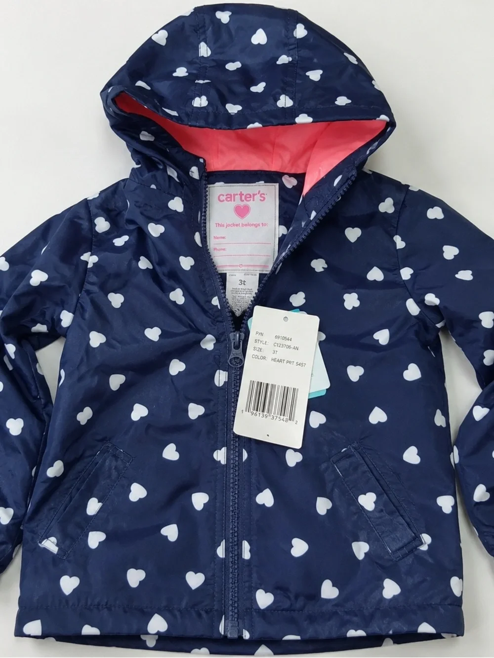 Carter's Navy Heart-Print Raincoat with Pink Hood Lining